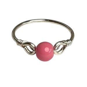 Hand Crafted Pink Glass Bead & Silver Tone Copper Wire Ring Size 9 & 4.5 NEW